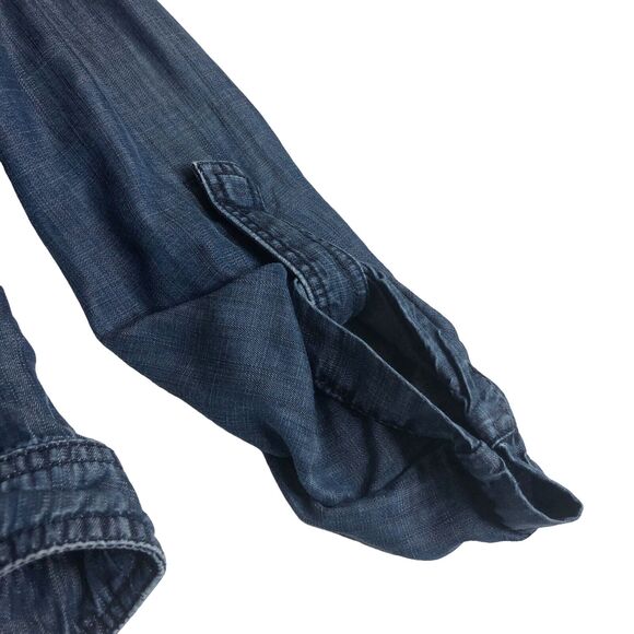 Coldwater Creek Jacket Women 8 Blue Chambray Ruched Roll Tab Sleeve Snap Shacket - Picture 3 of 16